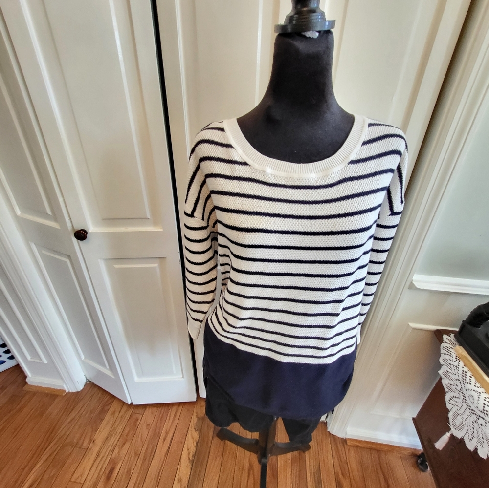 T by Talbots Navy White Striped Sweater Ruching  Lg Preppy Nautical Coastal